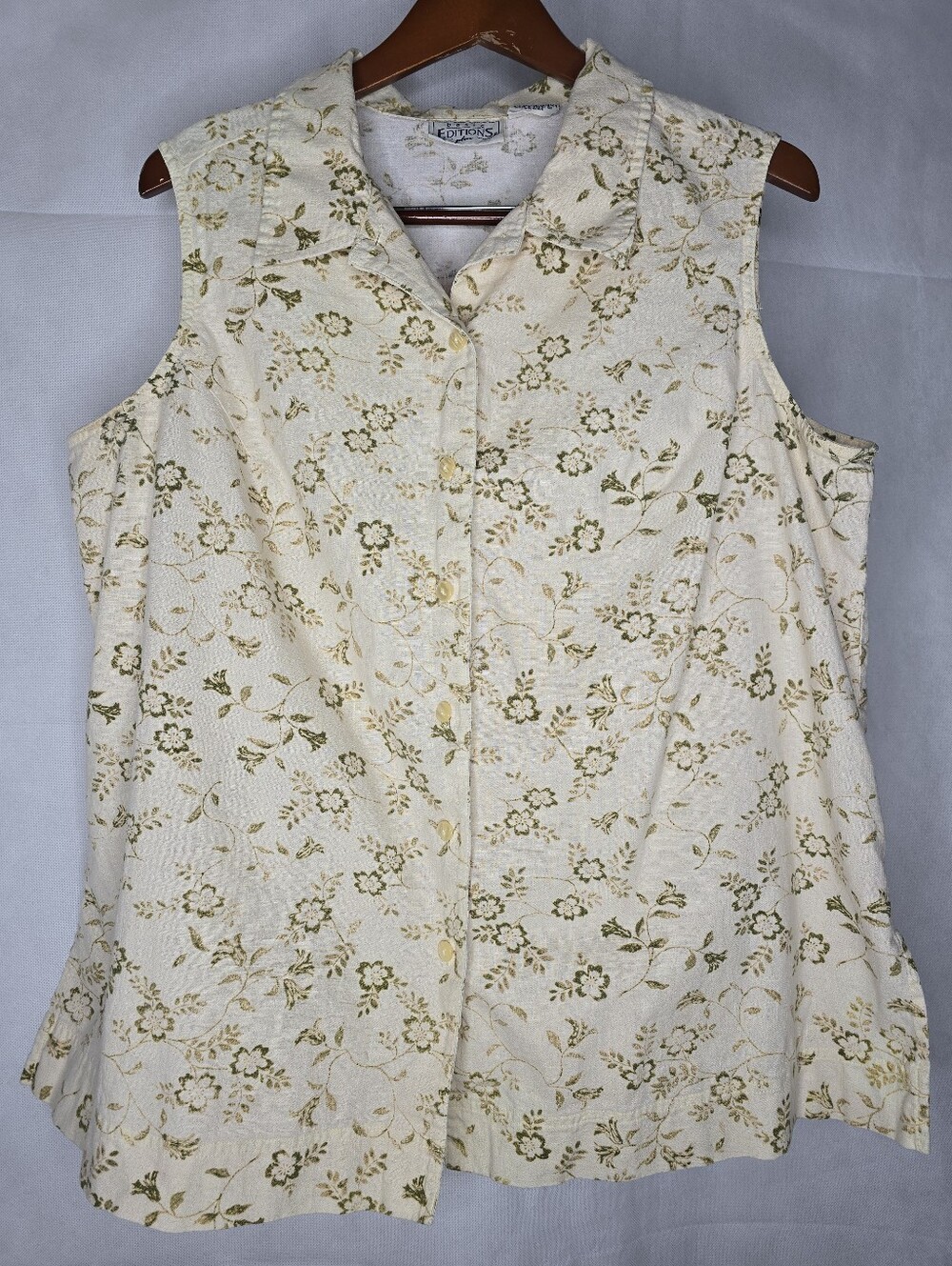 Basic Editions Plus Floral Sleeveless Top Ivory Linen Cotton Button Front 18W